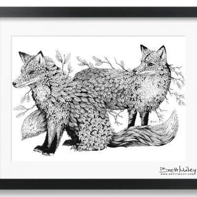 Leaf Foxes Framed Original - by Brett Miley Art