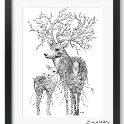 Leaf Stag and Deer Framed Original - by Brett Miley Art
