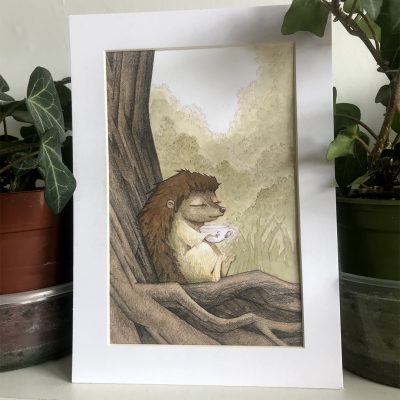 Hedgehog Tea Break Framed Watercolour Original Art by Brett Miley